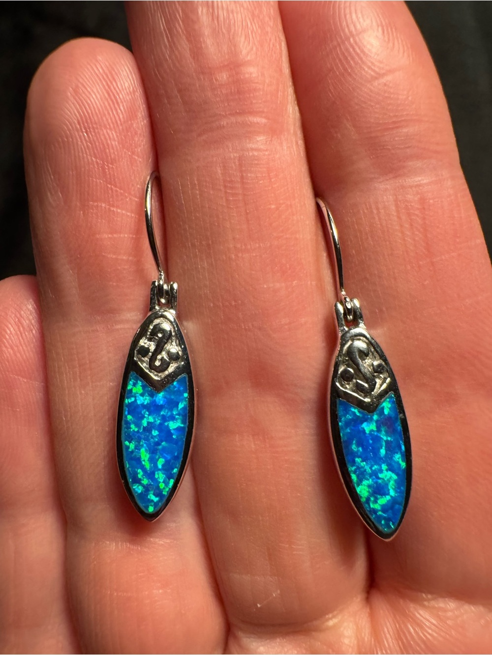 Blue Opal Drop Earrings - Sterling Silver Hook